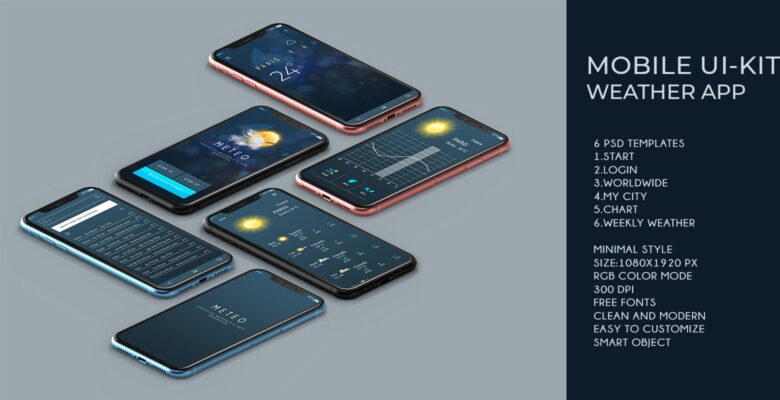 Mobile UI Kit Weather App – 6 PSD Templates