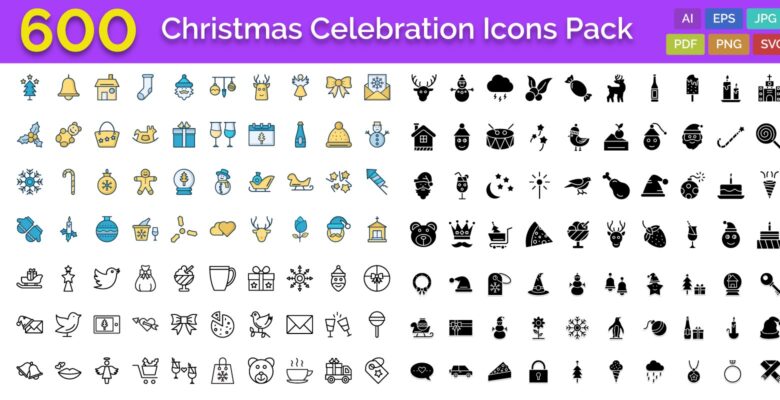 600 Christmas Celebration Vector Icons Pack