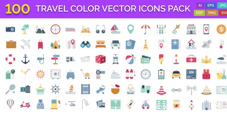 100 Travel Color Vector Icons Pack