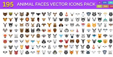 195 Animal Faces Vector Illustration Icons Pack