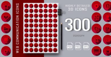 300 3D Red Web Communication Icons Set